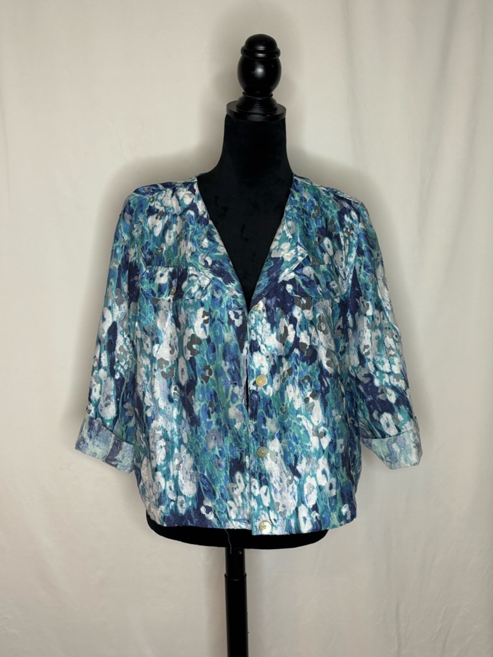 Ruby Rd. Teal and Navy Abstract Button-Front Jacket/Blazer